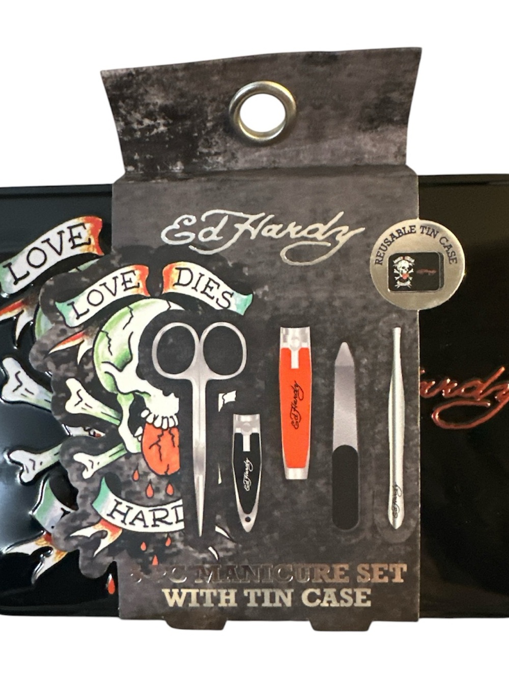 NWT Ed Hardy Black and Orange Tattoo-Graphic Manicure Set 5 pc tin case